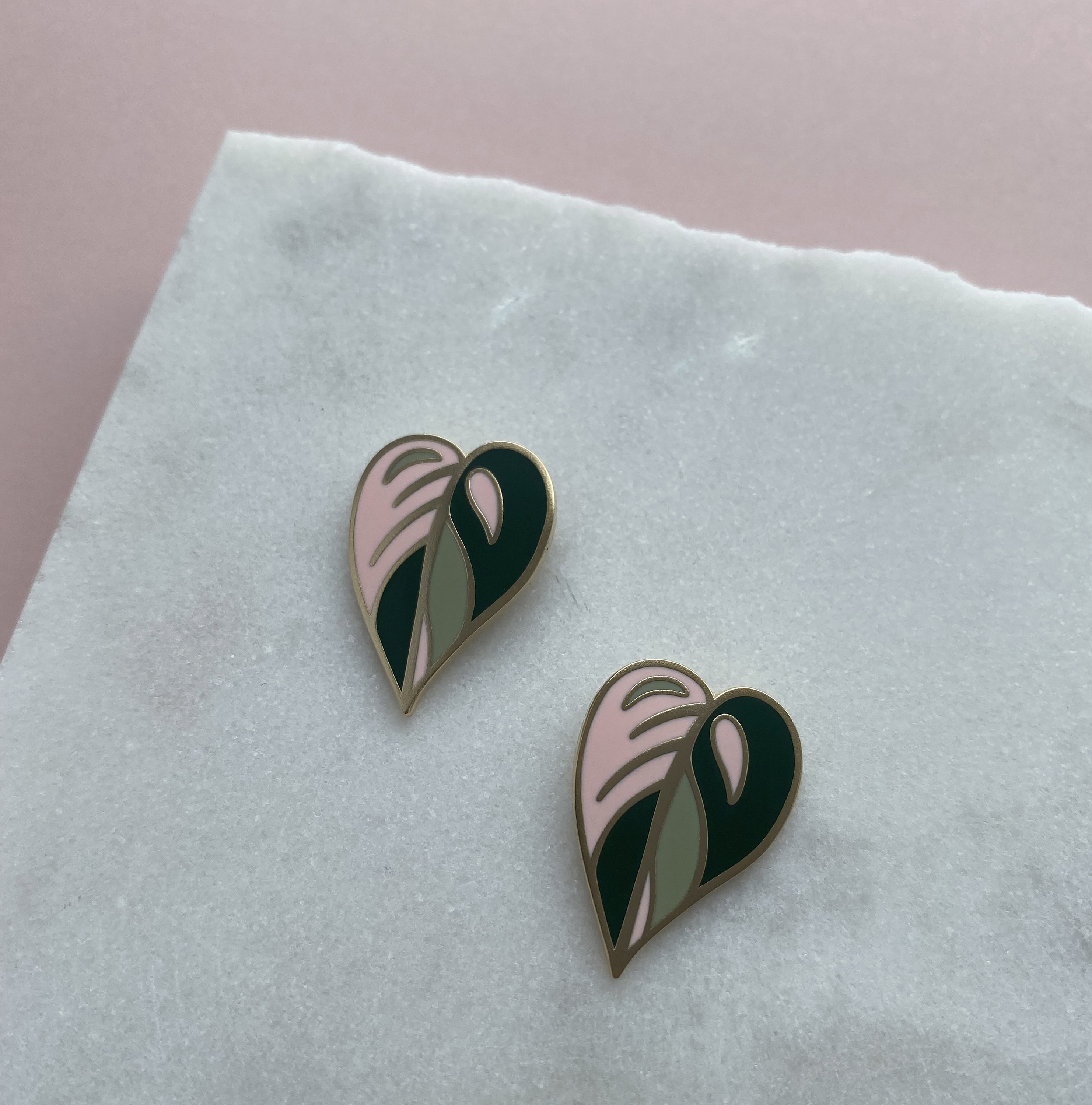 Pink Leaf Enamel Earrings - Plant Stud Jewellery Studs Gift For Her