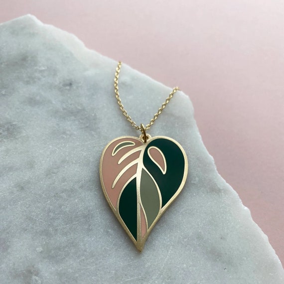 Enamel Pink Princess Philodendron Leaf Necklace – Gold Plant Jewelry