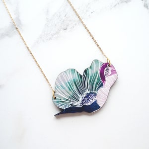 Blue Flower Necklace Printed Flower Necklace Floral Statement Necklace Flower Jewellery Nature Necklace Plant Necklace image 2