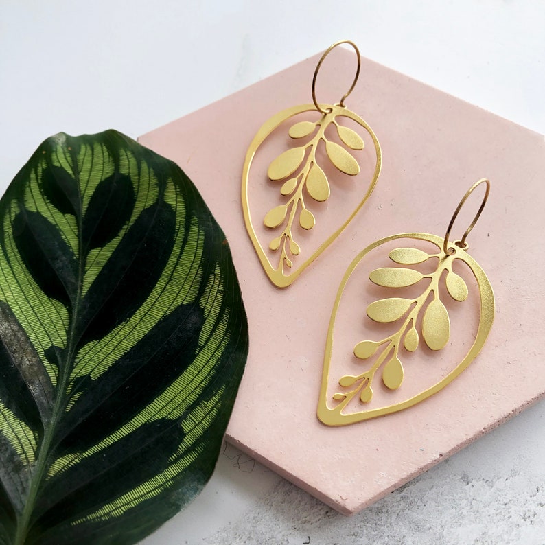 Gold Leaf Hoop Earrings Calathea Makoyana Earrings Etsy