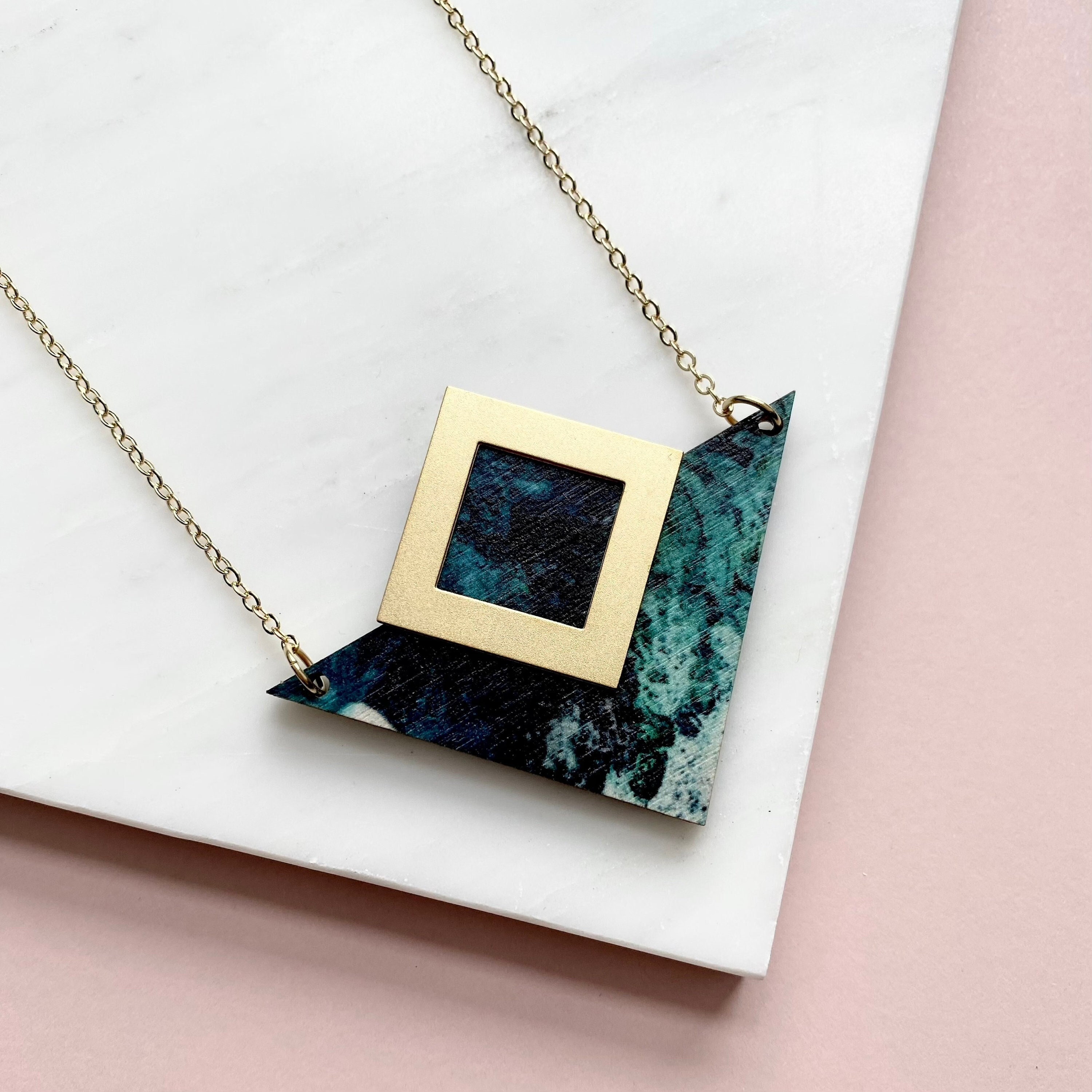 Teal & Gold Triangle Necklace - Geometric Statement Pendant Modern Jewellery Gift For Her