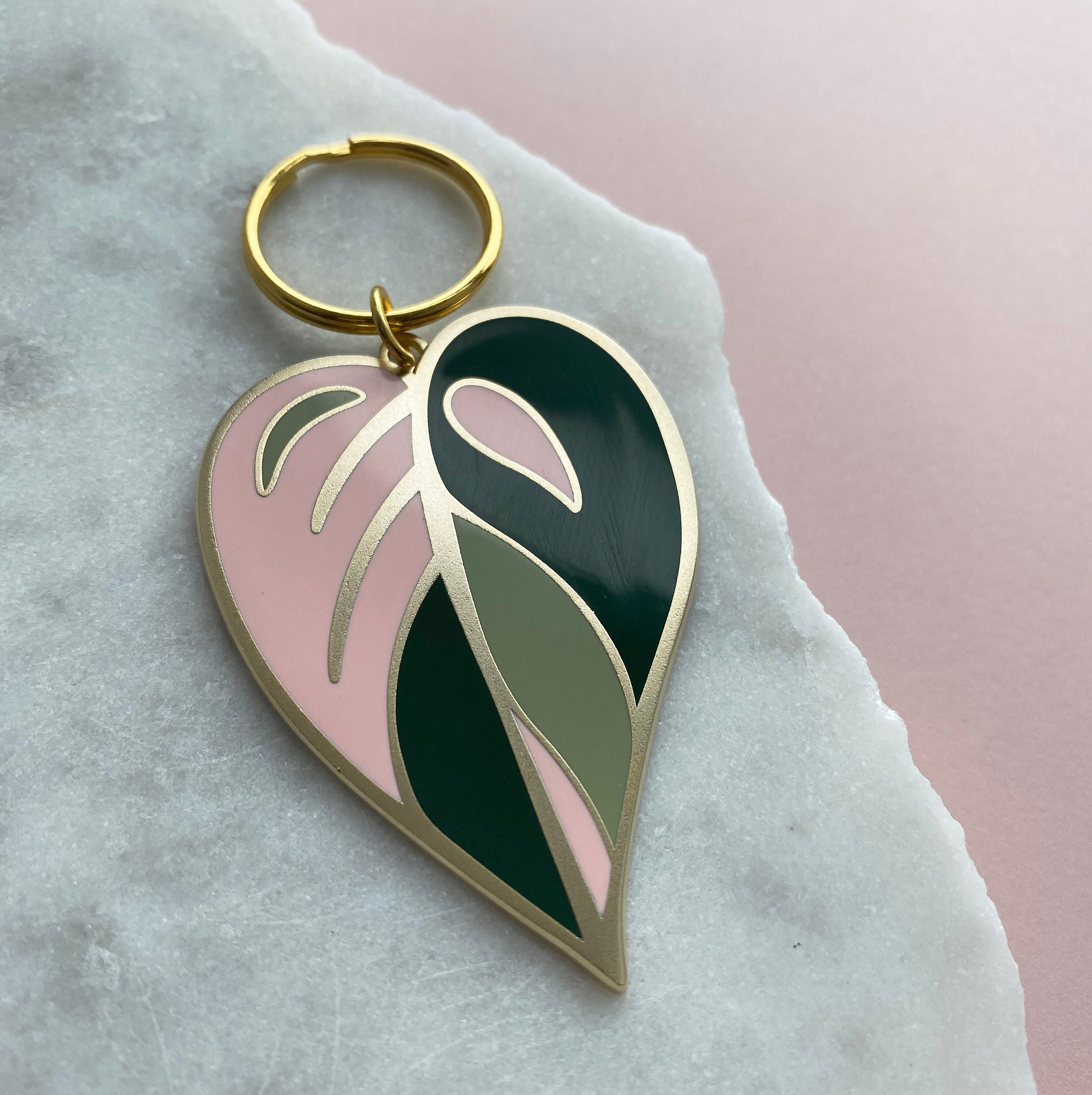 Pink Leaf Enamel Keyring - House Plant Keychain Princess Philodendron Gift For Lover Accessory Bag Charm
