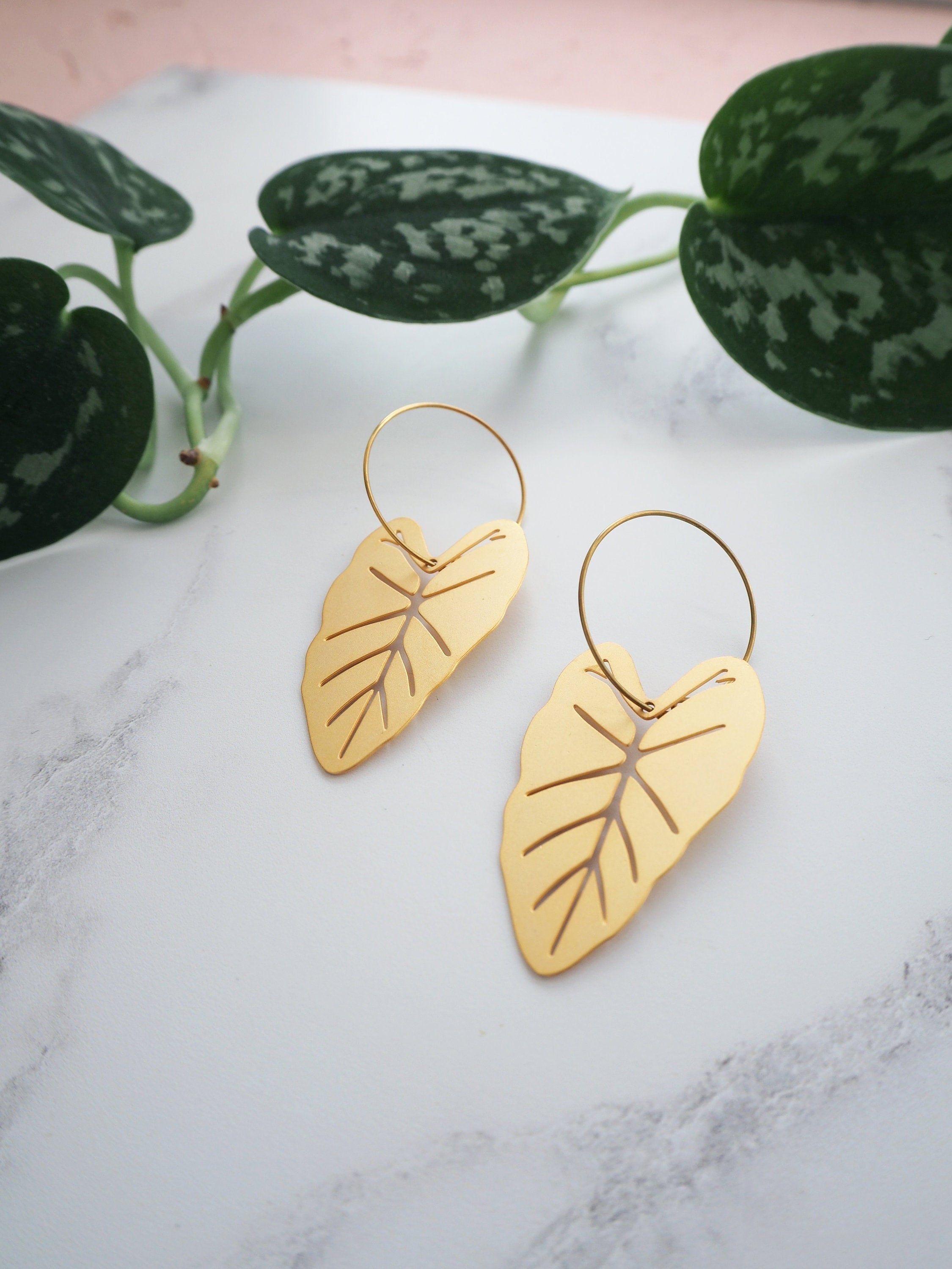 Gold Plant Hoop Earrings - Alocasia Leaf Botanical Gifts For Her