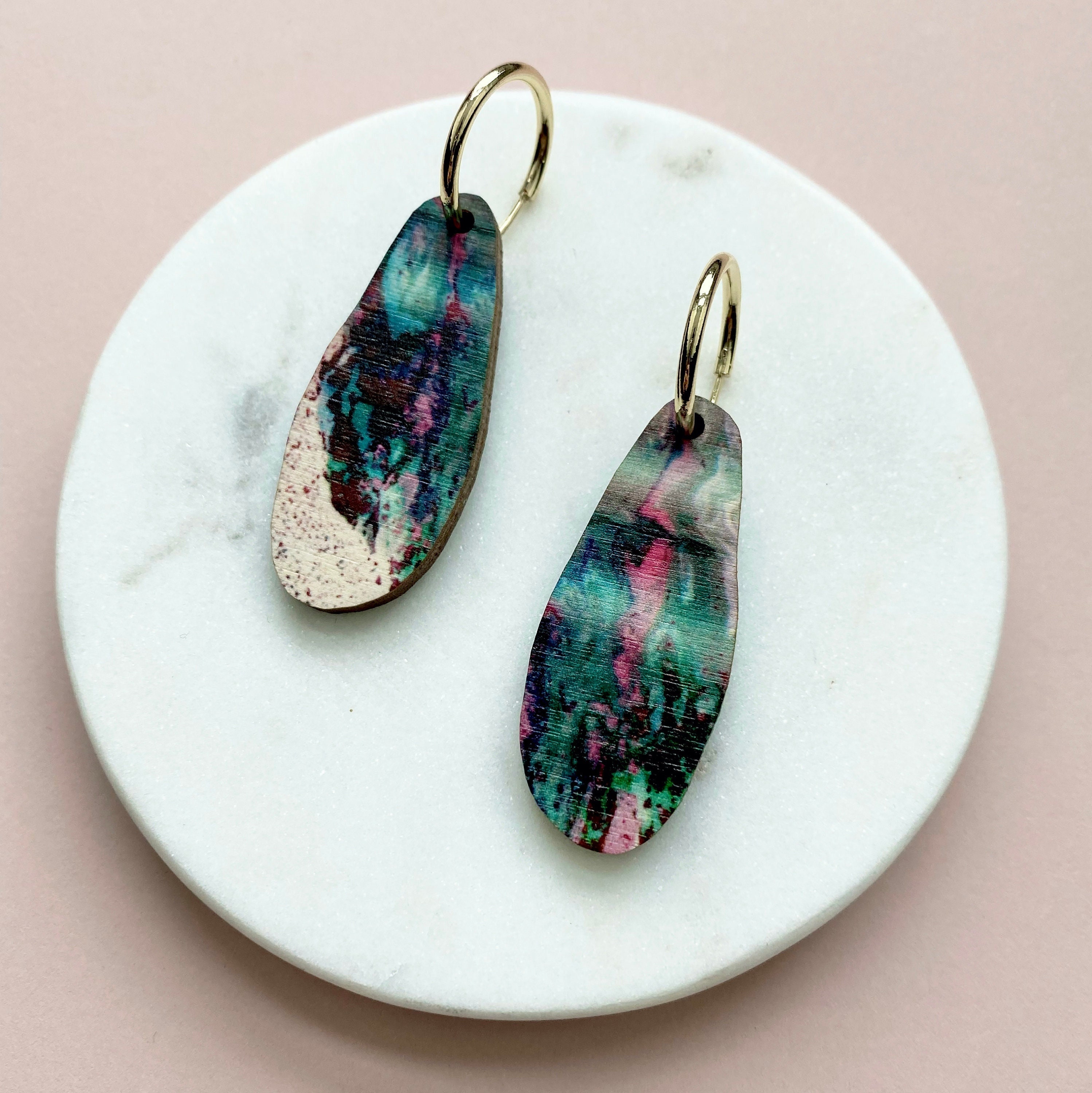 Pink & Teal Marble Hoop Earrings - Wiggle Organic Geometric Hoops Irregular Gifts For Her