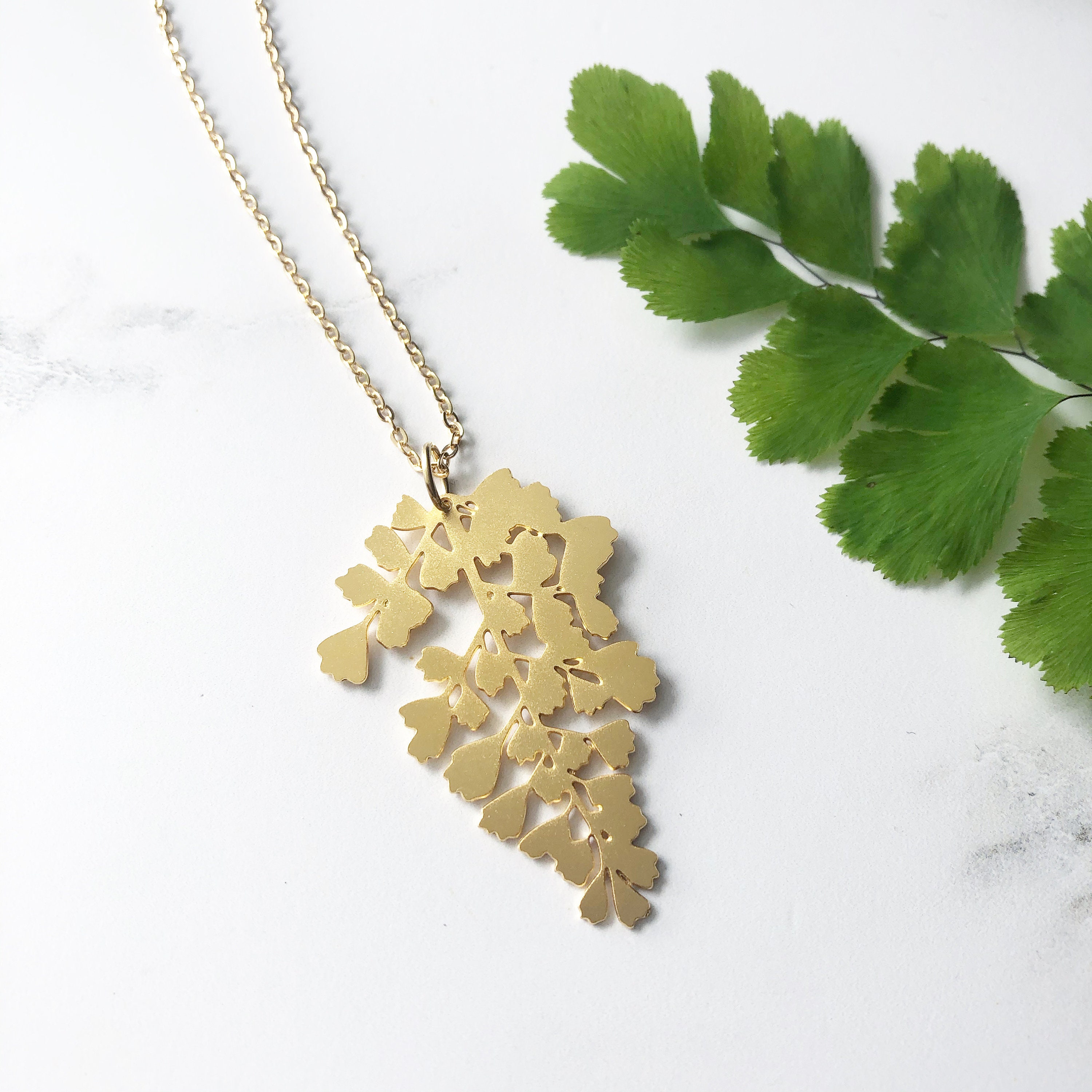 Maidenhair Fern Necklace - Gold Leaf Pendant Jewellery Plant