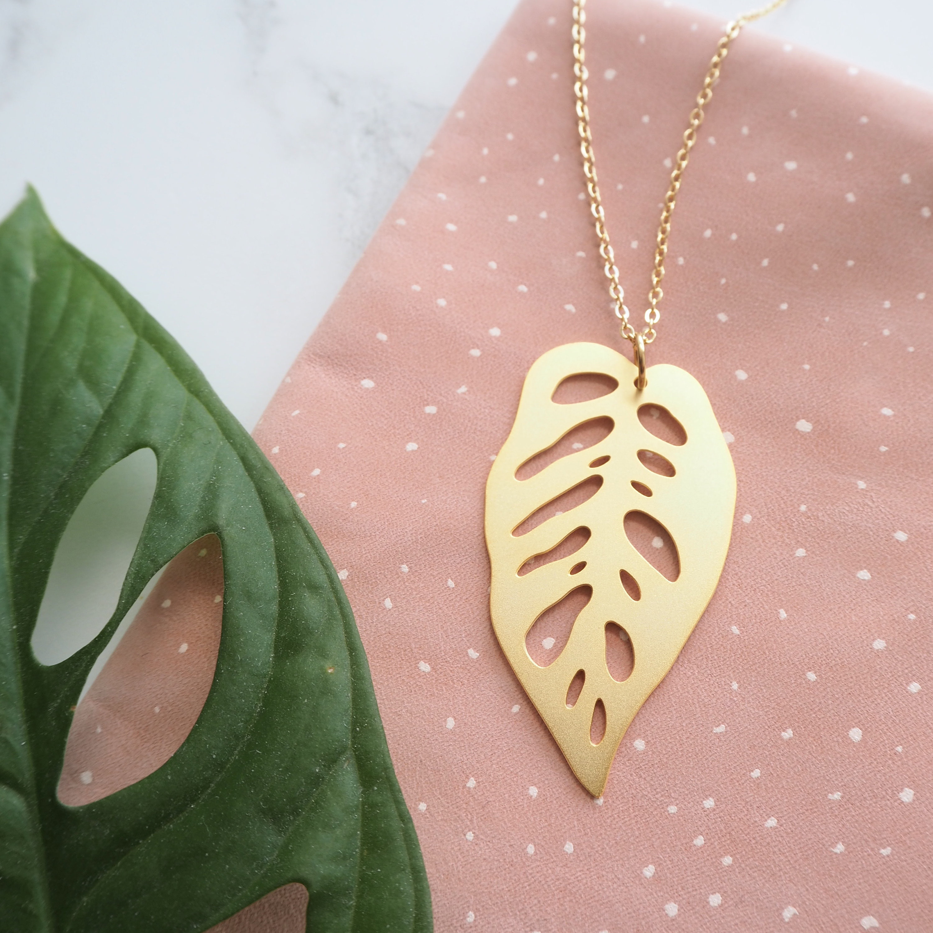 Monstera Obliqua Necklace - Gold Leaf Pendant Jewellery Cheese Plant Adansonii
