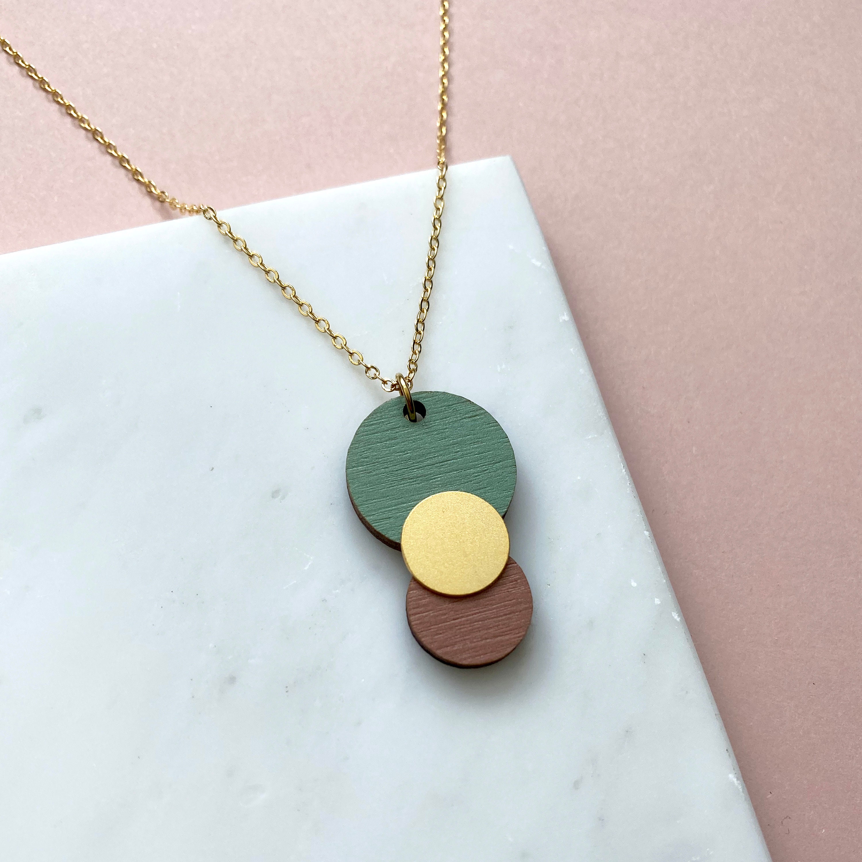 Mint, Pink & Gold Circle Pendant - Geometric Necklace Minimalist Gift For Her
