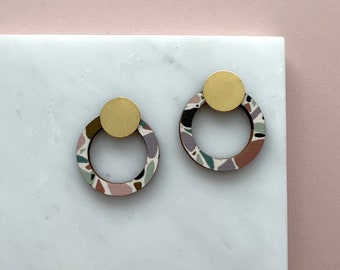 Terrazzo Ring Stud Earrings - Terrazzo Earrings - Circle Studs - Geometric Hoop Earrings - Brass Earrings - Ring Earrings - Minimal Studs