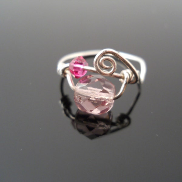 Pink Bead Ring, Wire Wrap Ring, Hand Made Ring, Size 4 1/2 Ring, Bead Ring, Silver Ring, Sterling Silver Ring, 925 Bead Ring, 925 Ring