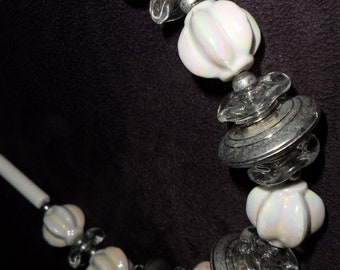 1980s LARGE luminous GLASS faux Mother of Pearl beads & silver and clear Lucite beads 31 inch necklace