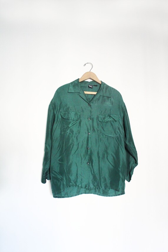 Minimal Forest Green Silk 90s Blouse