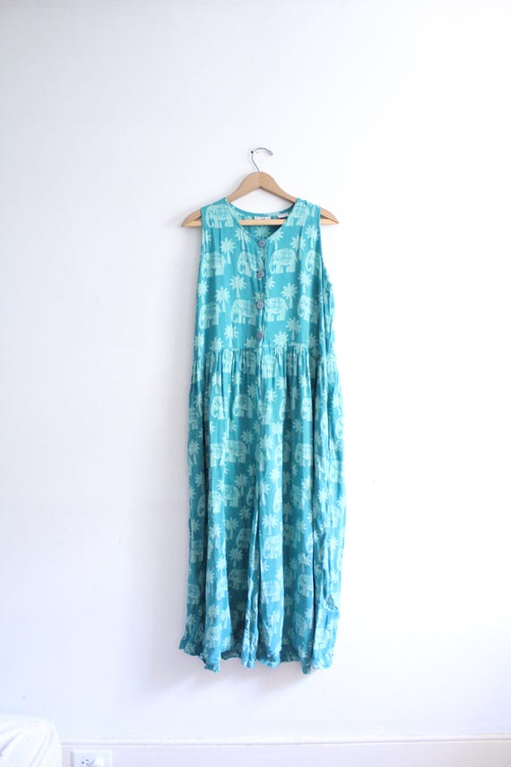 Teal Elephant Wide Leg 90s Jumpsuit