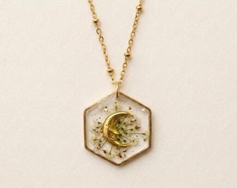 Botanical Moon Necklace Flowers and Resin