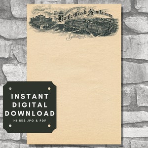 Vintage antiguo sanatorio membrete descarga instantánea digital. Battle Creek, Michigan. Efemérides, Papel imprimible, Papelería, Médico