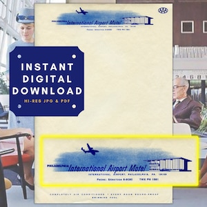 Download immediato digitale di carta intestata retrò vintage. Motel dell'aeroporto internazionale di Filadelfia. Carta stampabile, stazionaria MidCentury Motel