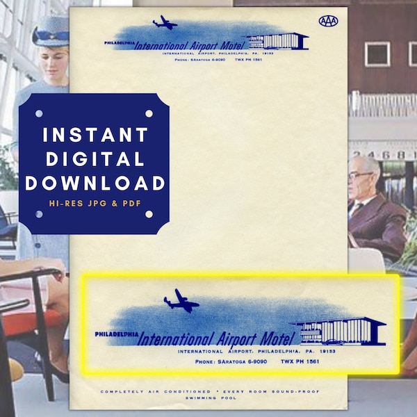 Vintage Retro Letterhead Digital Instant Download. Philadelphia International Airport Motel. Printable Paper, MidCentury Motel Stationary