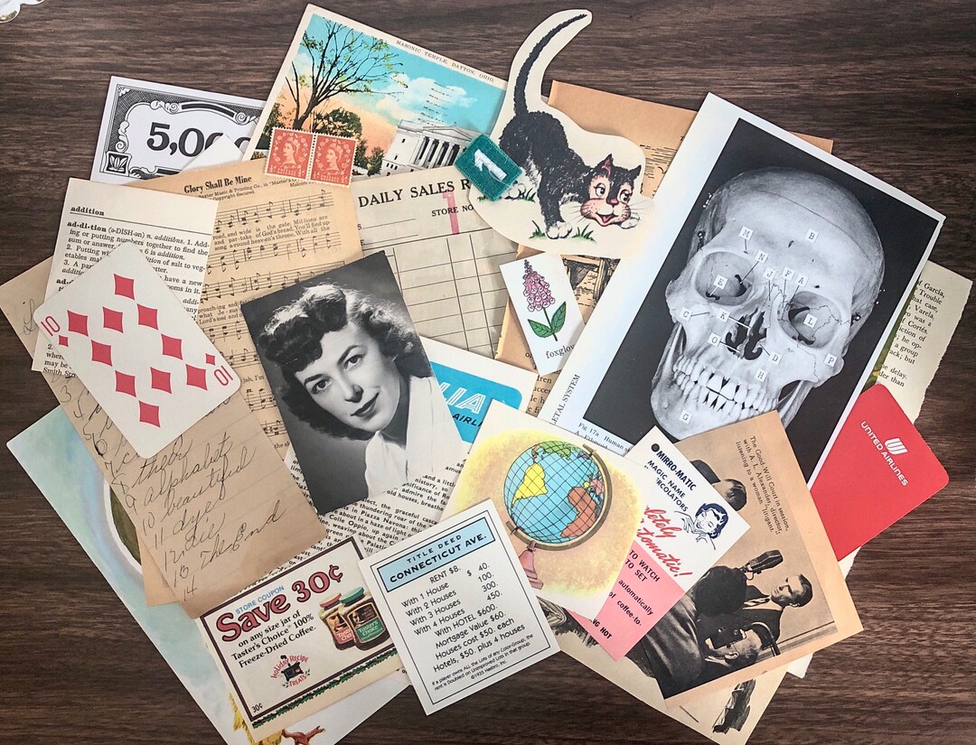 Authentic Vintage Ephemera Pack 50 Items Collage Kit, Grab Bag, Junk