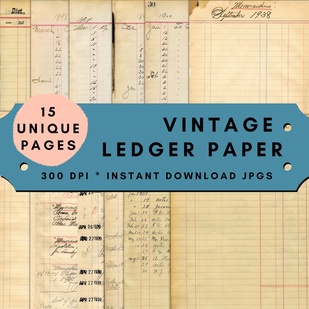 Vintage Antique Ledger Paper. 15 Unique Pages. Blank and Written