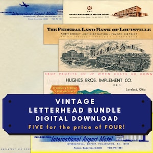 Paquete de descarga instantánea digital con membrete antiguo vintage. Hola resolución JPG y PDF. Motel, Aeropuerto, Sanatorio, Granja, Banco. Papelería vintage.