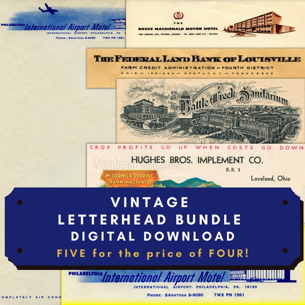 Vintage Antique Letterhead Digital Instant Download Bundle. Hi Res JPG & PDF. Motel, Airport, Sanitarium, Farm, Bank. Vintage Stationary.
