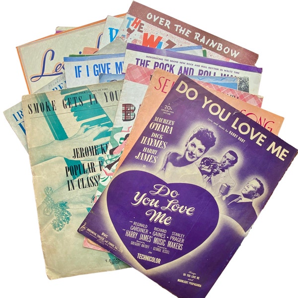 15 Pieces Vintage Sheet Music Random Bundle, 1930s-1970s, 12"x9", Crafters, Mixed Media Art, Junk Journals, Vintage Ephemera, Collage
