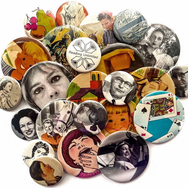 Vintage Pin-back Buttons Surprise Mystery Set! Five per Order. Grab Bag One-of-a-Kind Vintage Pin Style Buttons made from Vintage Ephemera.