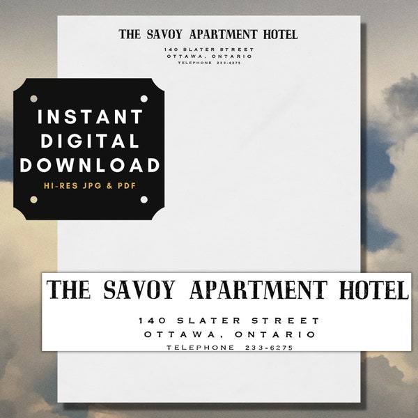 Vintage Letterpress Letterhead Digital Instant Download. Savoy Apartment Hotel, Ontario, Canada. Printable Paper, Hotel Stationary