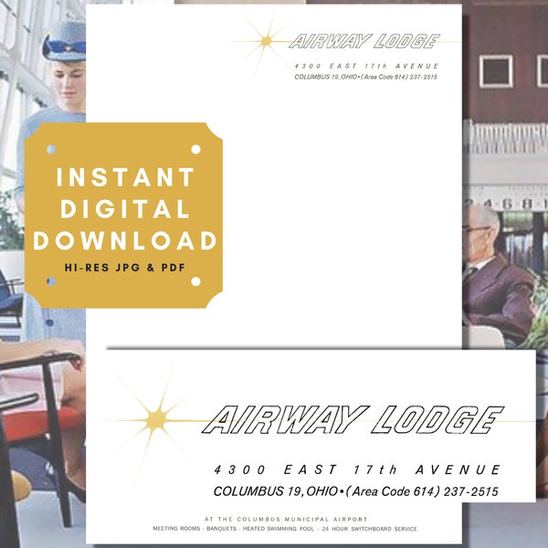 Vintage Retro Letterhead Digital Instant Download. AirWay Lodge, Columbus, OH. Printable Paper, Midcentury Motel Starburst Stationary