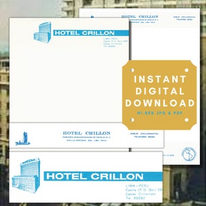 Download istantaneo digitale di carta intestata vintage della metà del secolo. Hotel Crillon Perù. Carta stampabile, cancelleria per hotel