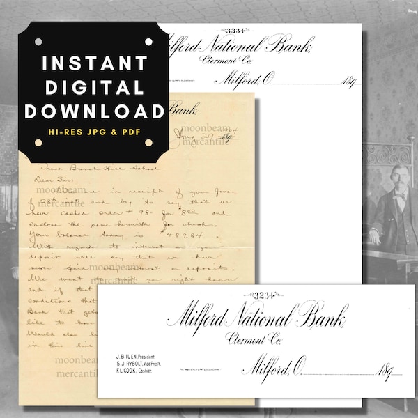 Vintage Antique Letterhead Digital Instant Download. Milford Nat'l Bank. Clermont Co, OH. Printable Paper, Antique Bank Stationary