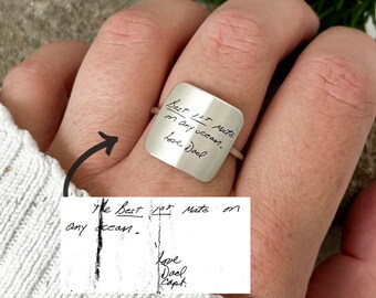 Harper Ring | Silver Square Plate Memorial Ring | Personalized With Your Own Handwriting, Signatures and Fingerprints | Scripted Jewelry