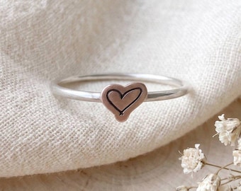 Cora Custom Heart Cutout Ring | Mixed Metal Two Tone Silver Band | Own Drawing Keepsake | Dainty Heart Jewelry
