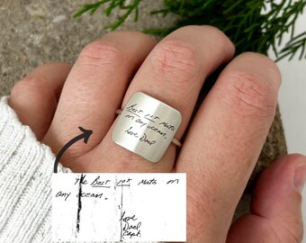 Custom Engraved Harper Ring | Silver Brass or Bronze Band | Minimalist Square Signet Handwriting Keepsake | Geometric Personalized Jewelry
