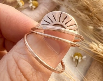 Sunrise Ring Stack Set of 3 | Silver Brass or Bronze Band | Organic Hammered Sun Ring | Celestial Nature Jewelry Keepsake