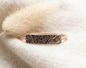Custom Fingerprint Ring Ada | Silver Brass or Bronze Band | Dainty Personalized Fingerprint Keepsake | Minimalist Bar Jewelry