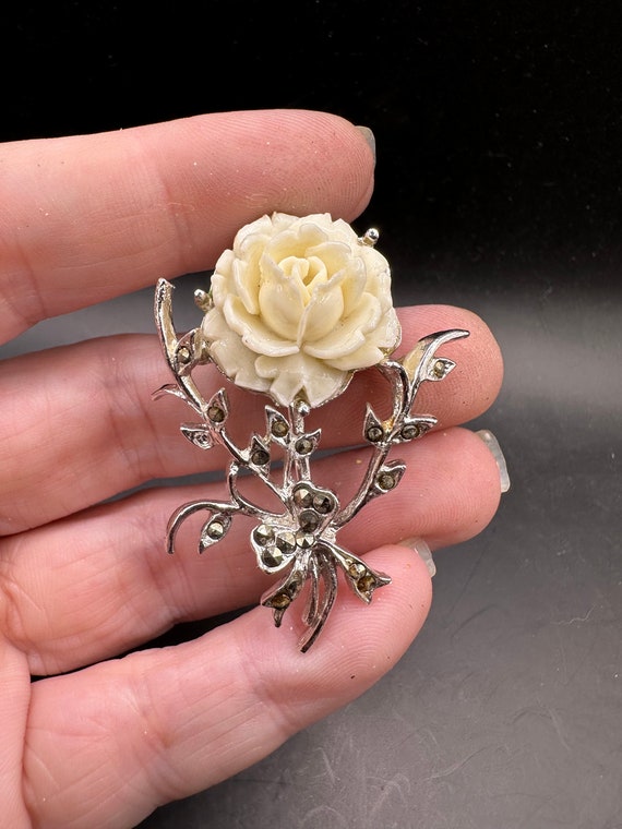 Vintage White Resin Rose peony Flower Pin