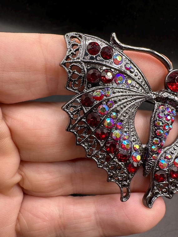 Vintage Large Statement Piece Red Rhinestone Butt… - image 3