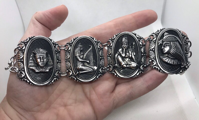Egyptian Revival Metal Carved Made in West Germany Bracelet King Tut Pyramids Cleopatra