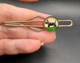 Vintage Reverse Glass Painted Scottish Terrier Brass Tie Bar
