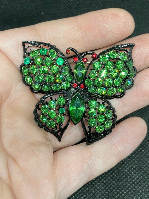 Vintage Green Rhinestone Butterfly Pin statement … - image 1
