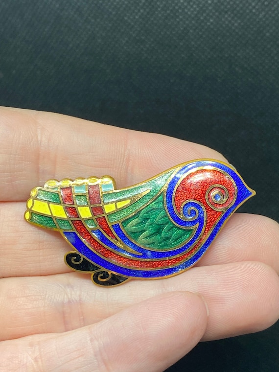 Vintage Enamel Copper Swallow Dove Bird Pin - image 1