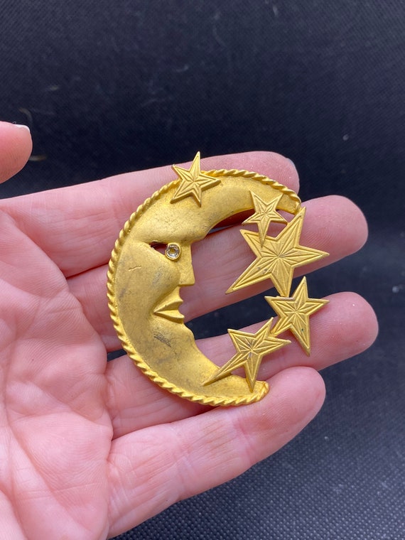 Vintage Crescent Moon Pin with Stars JJ