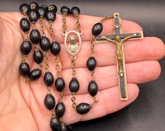 Vintage Art Nouveau Style Rosary Mary Medallion with Crucifix and Black Tone Beads made in Italy