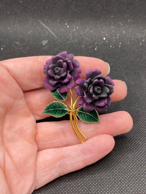 Vintage Resin and Enamel Purple Rose Flower Pin - image 2