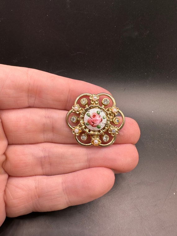 Vintage Enamel Rhinestone Faux Pearl Flower Pin - image 1