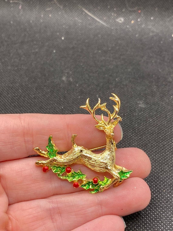 Vintage Reindeer Deer Winter Christmas Holly Pin - image 3
