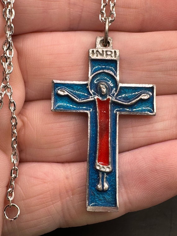 Vintage Cross Crucifix Pendant Painted Necklace - image 2