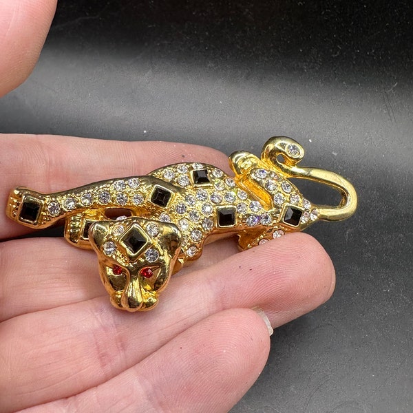 Vintage Rhinestone Leopard Trembler Pin