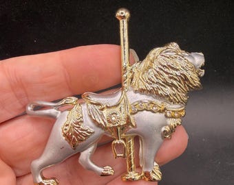 Vintage Mixed metal Toned Lion Carousel Brooch with Rhinestone Details