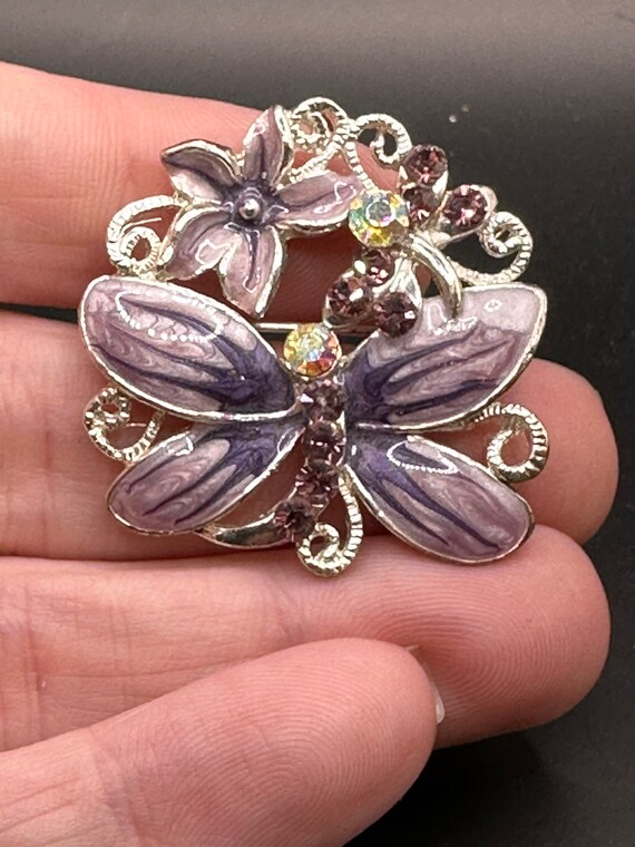 Vintage Purple Enamel Rhinestone Butterfly Pin - image 5